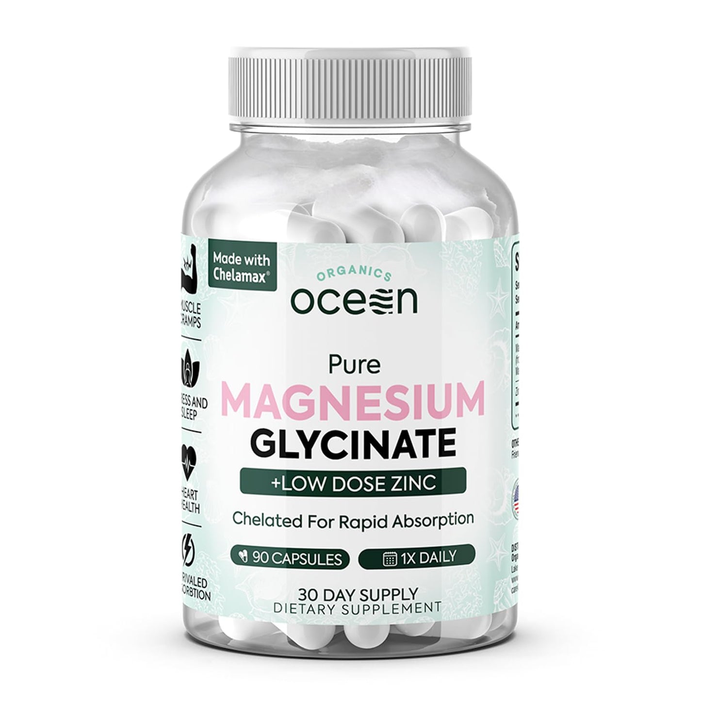 Pure Magnesium Glycinate with Zinc - Maximum Strength Chelated Magnesium Supplement for Women and Men for Muscle Cramps and Sleep Support - 90 Capsule