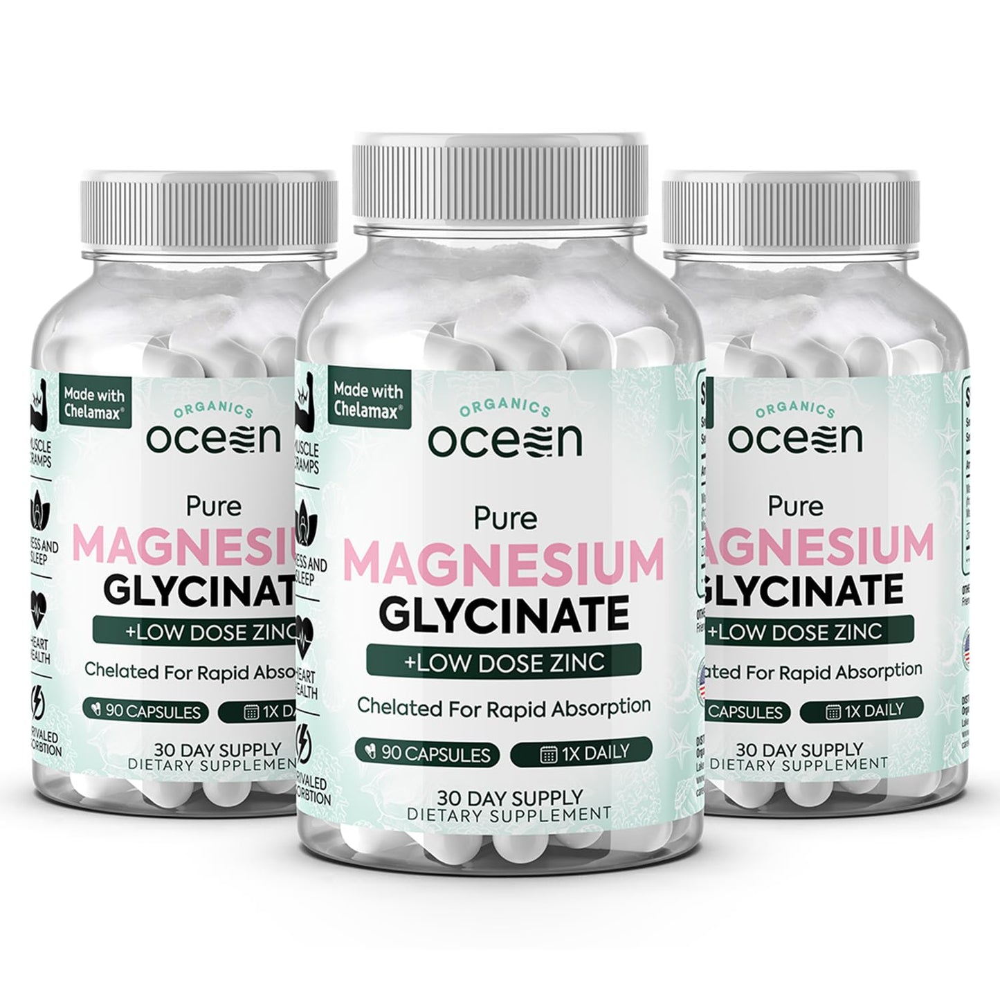 Pure Magnesium Glycinate with Zinc - Maximum Strength Chelated Magnesium Supplement for Women and Men for Muscle Cramps and Sleep Support - 90 Capsule