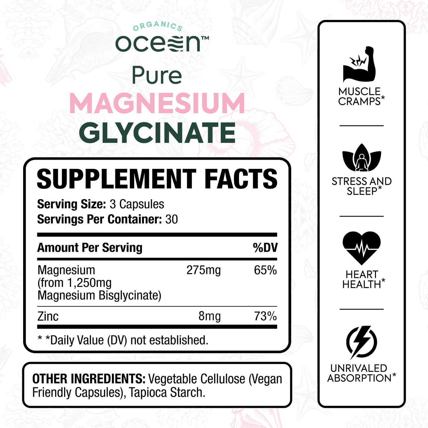 Pure Magnesium Glycinate with Zinc - Maximum Strength Chelated Magnesium Supplement for Women and Men for Muscle Cramps and Sleep Support - 90 Capsule