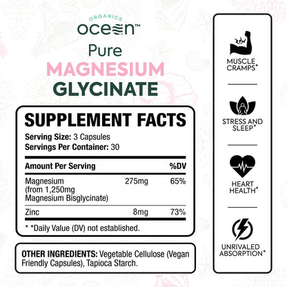 Pure Magnesium Glycinate with Zinc - Maximum Strength Chelated Magnesium Supplement for Women and Men for Muscle Cramps and Sleep Support - 90 Capsule